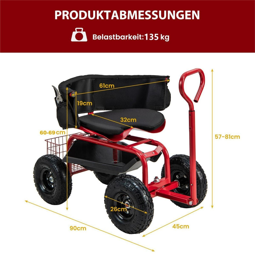 Mobiler Gartenwagen mit drehbarem Sitz, Lenkgriff und Stauraum