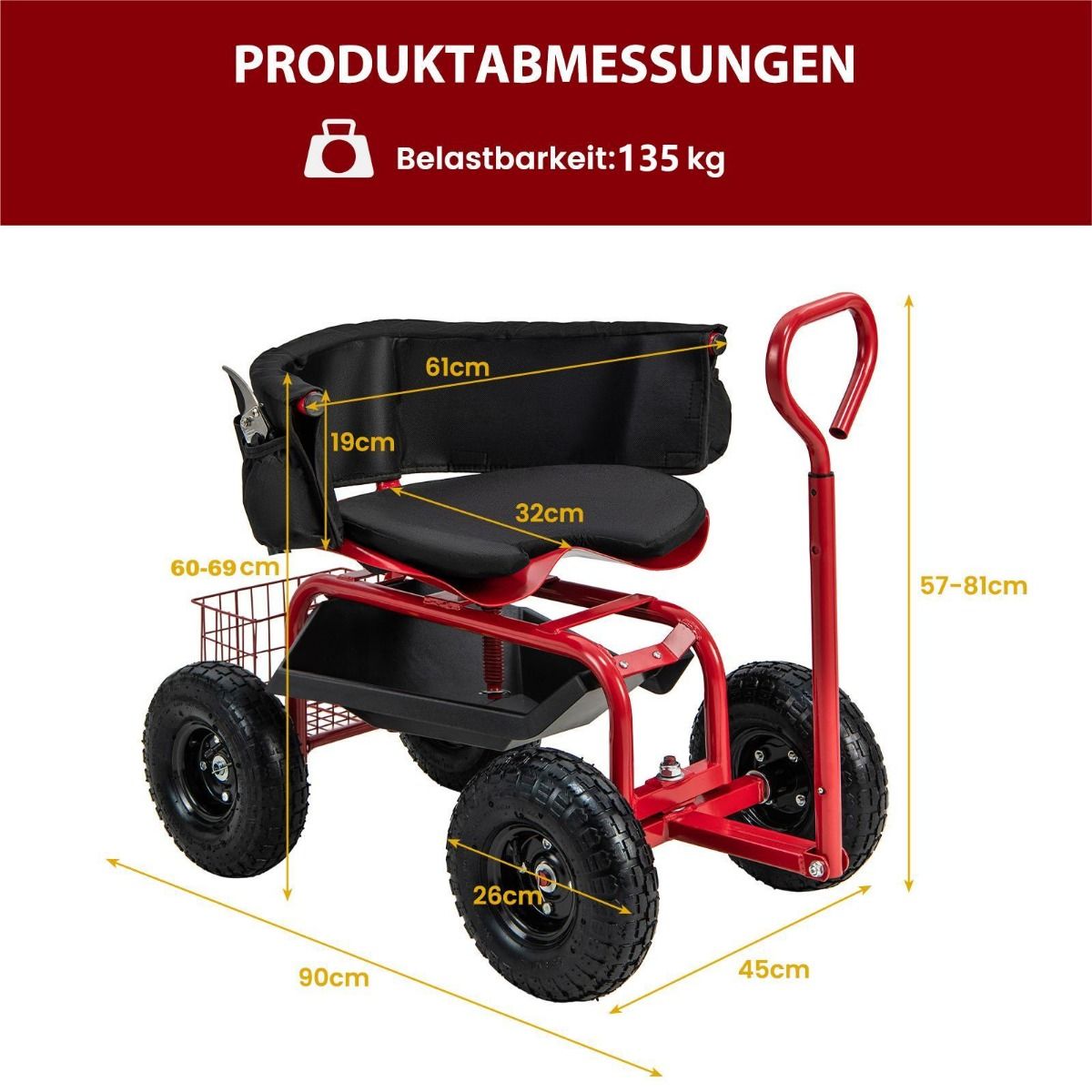 Mobiler Gartenwagen mit drehbarem Sitz, Lenkgriff und Stauraum