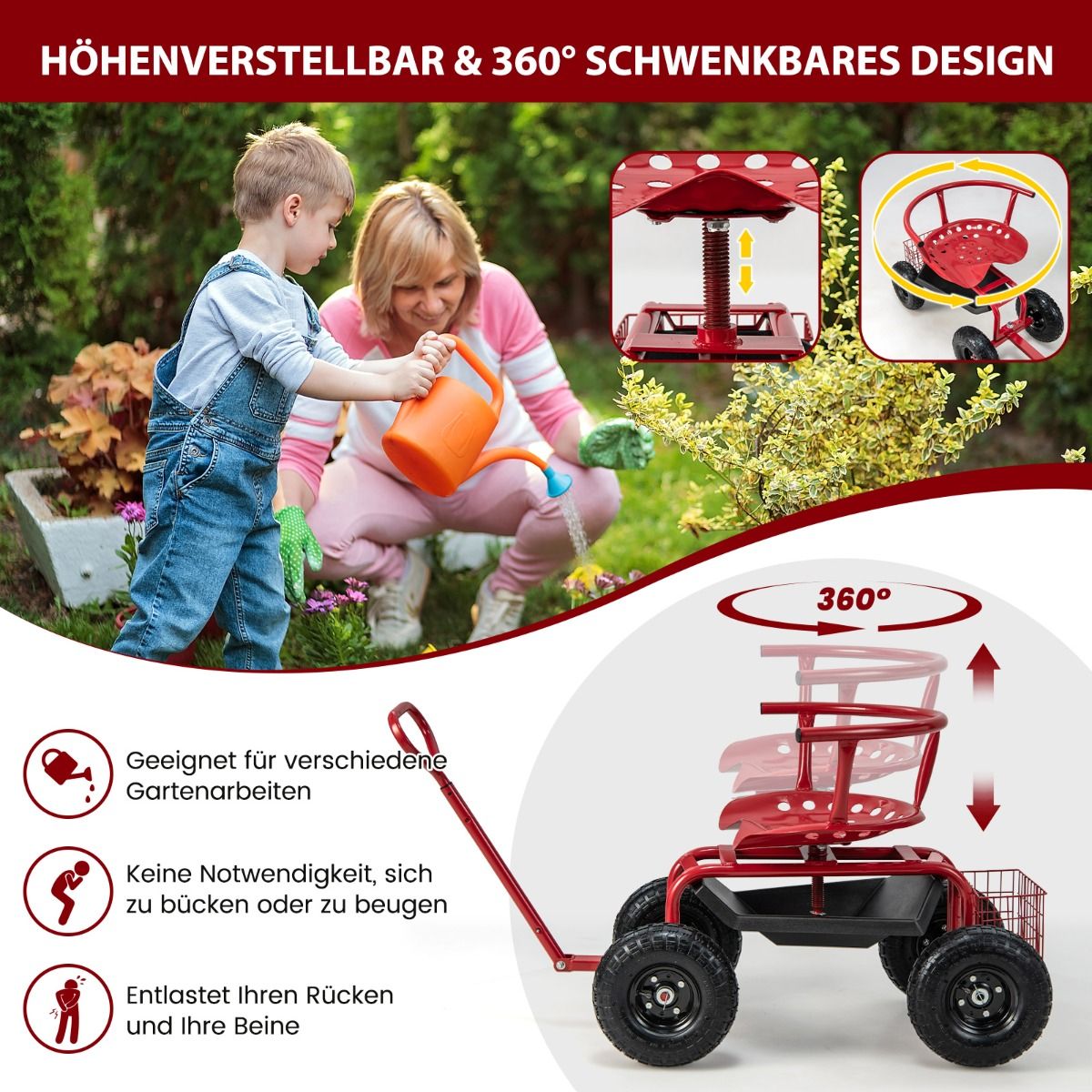 Mobiler Gartenwagen mit drehbarem Sitz, Lenkgriff und Stauraum
