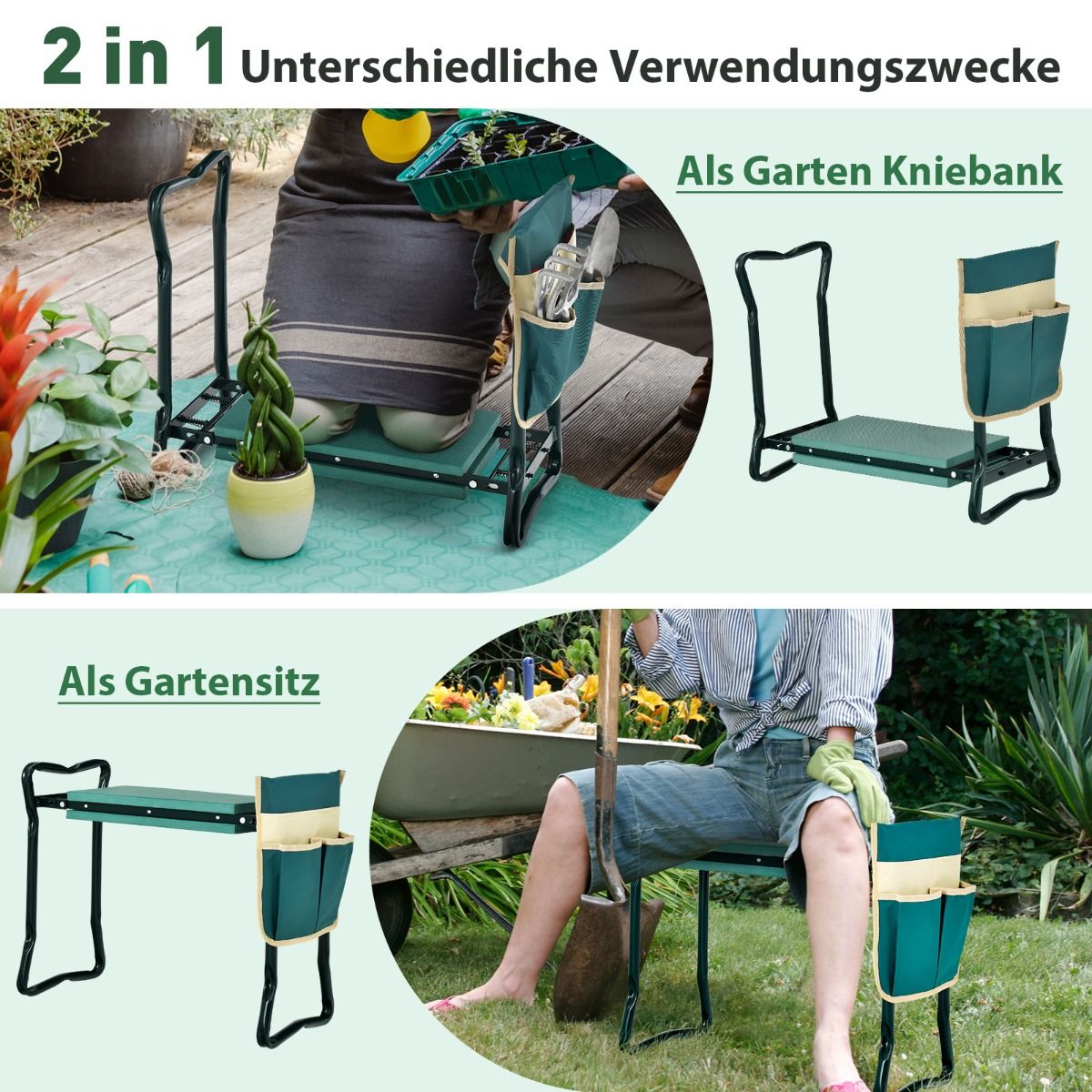 2-in-1 Klappbare Garten-Kniebank mit EVA-Polster & Werkzeugtasche