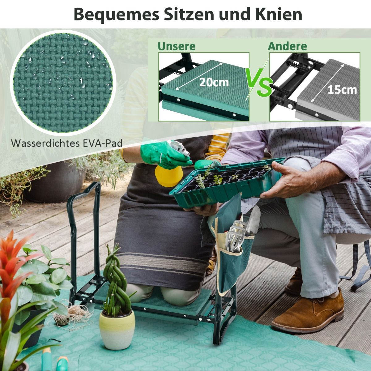 2-in-1 Klappbare Garten-Kniebank mit EVA-Polster & Werkzeugtasche