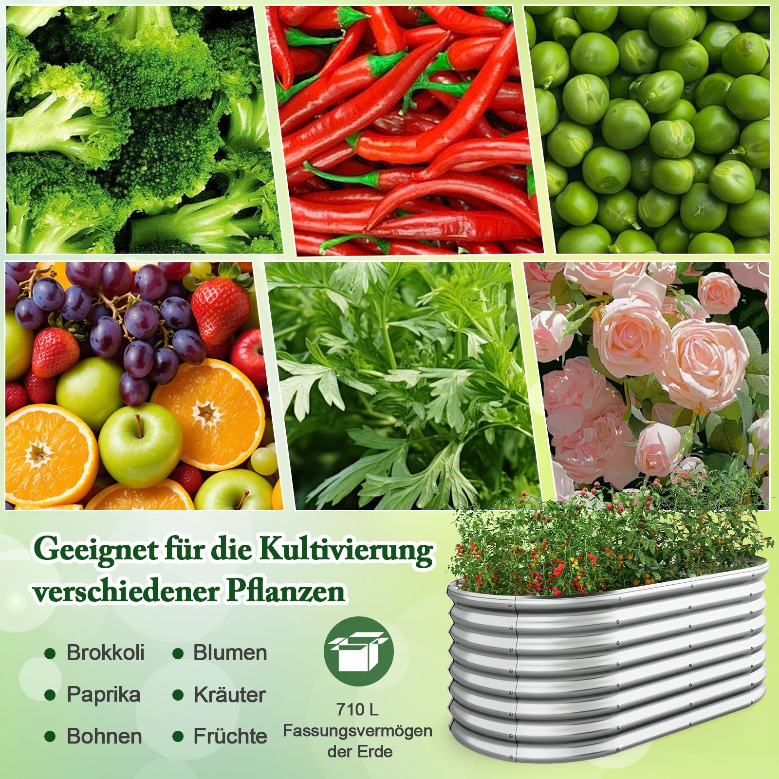 Metall-Hochbeet oval mit offenem Boden, 165 × 80 × 60 cm