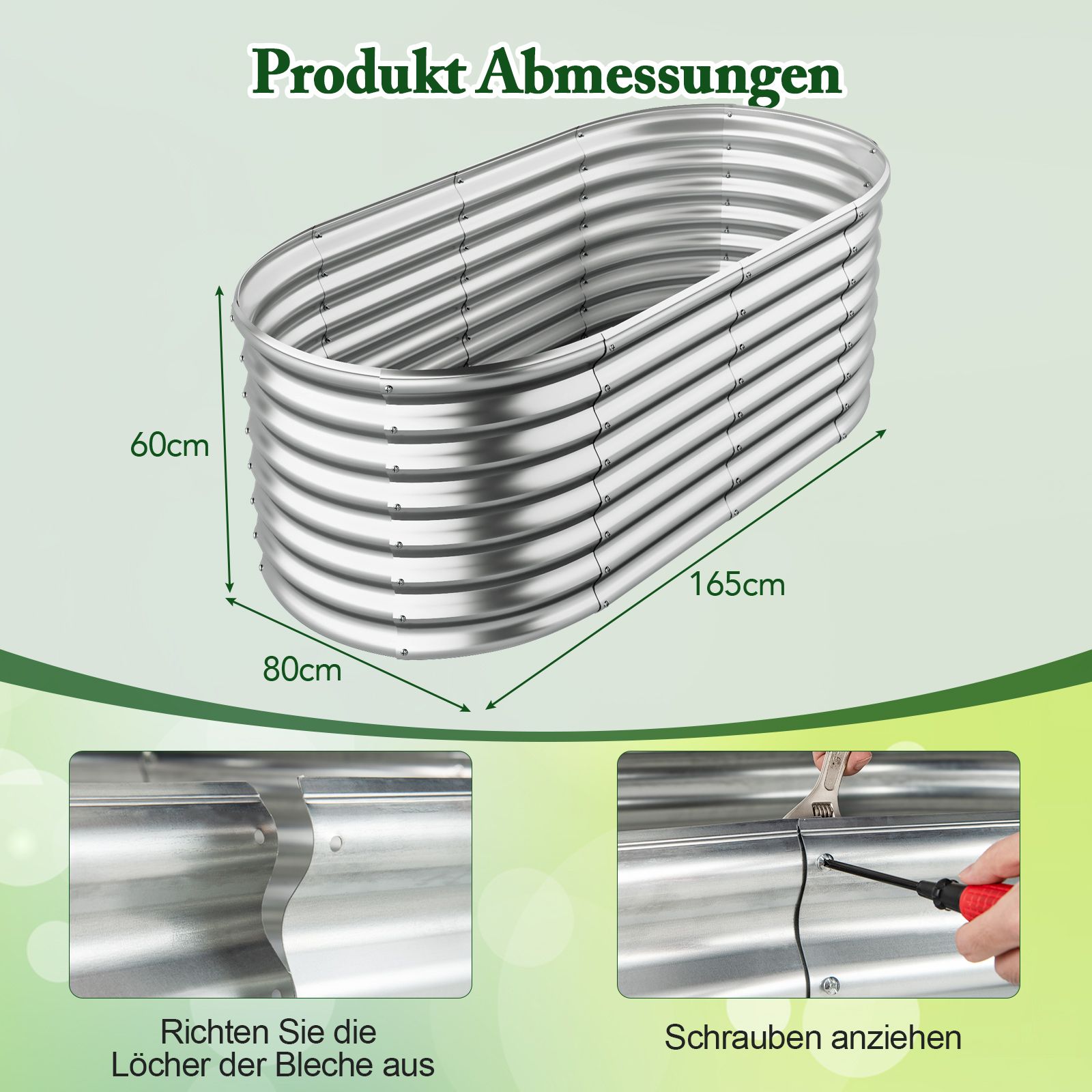 Metall-Hochbeet oval mit offenem Boden, 165 × 80 × 60 cm