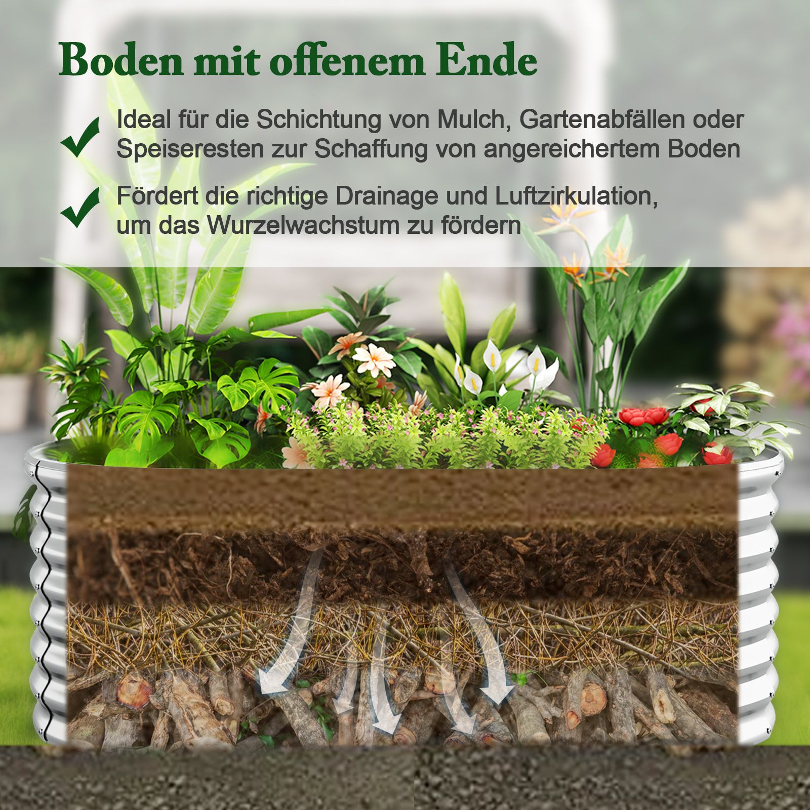 Metall-Hochbeet oval mit offenem Boden, 165 × 80 × 60 cm