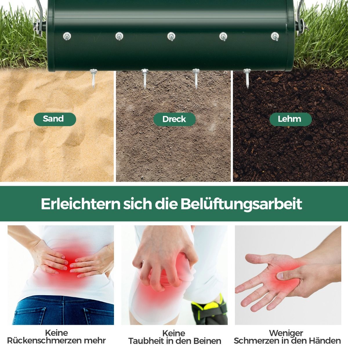 Manueller Rasenlüfter mit 27 Spikes & befüllbarer Trommel