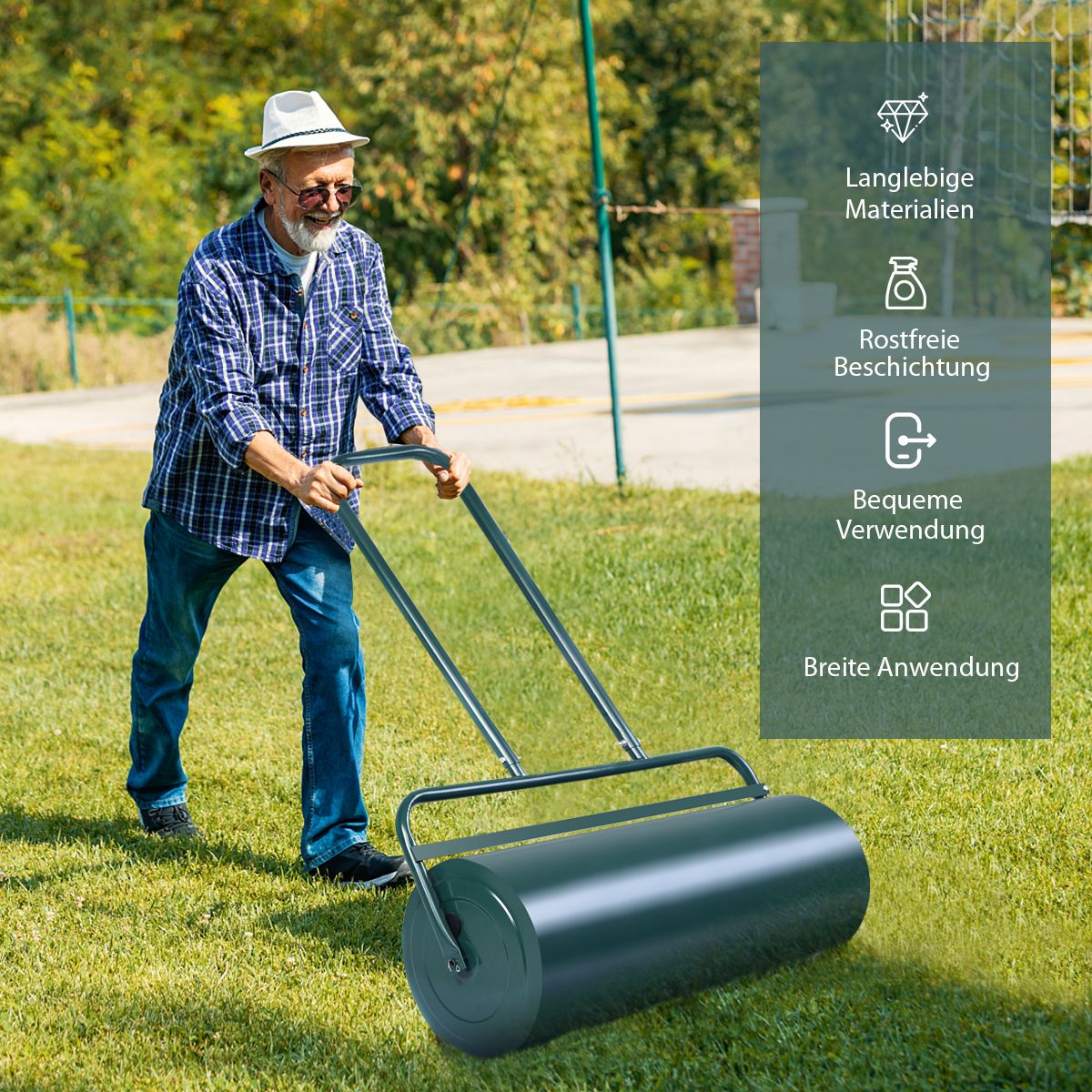 Rasenwalze 90 cm – Handwalze mit 63 L Fassungsvermögen, aus Stahl, grün